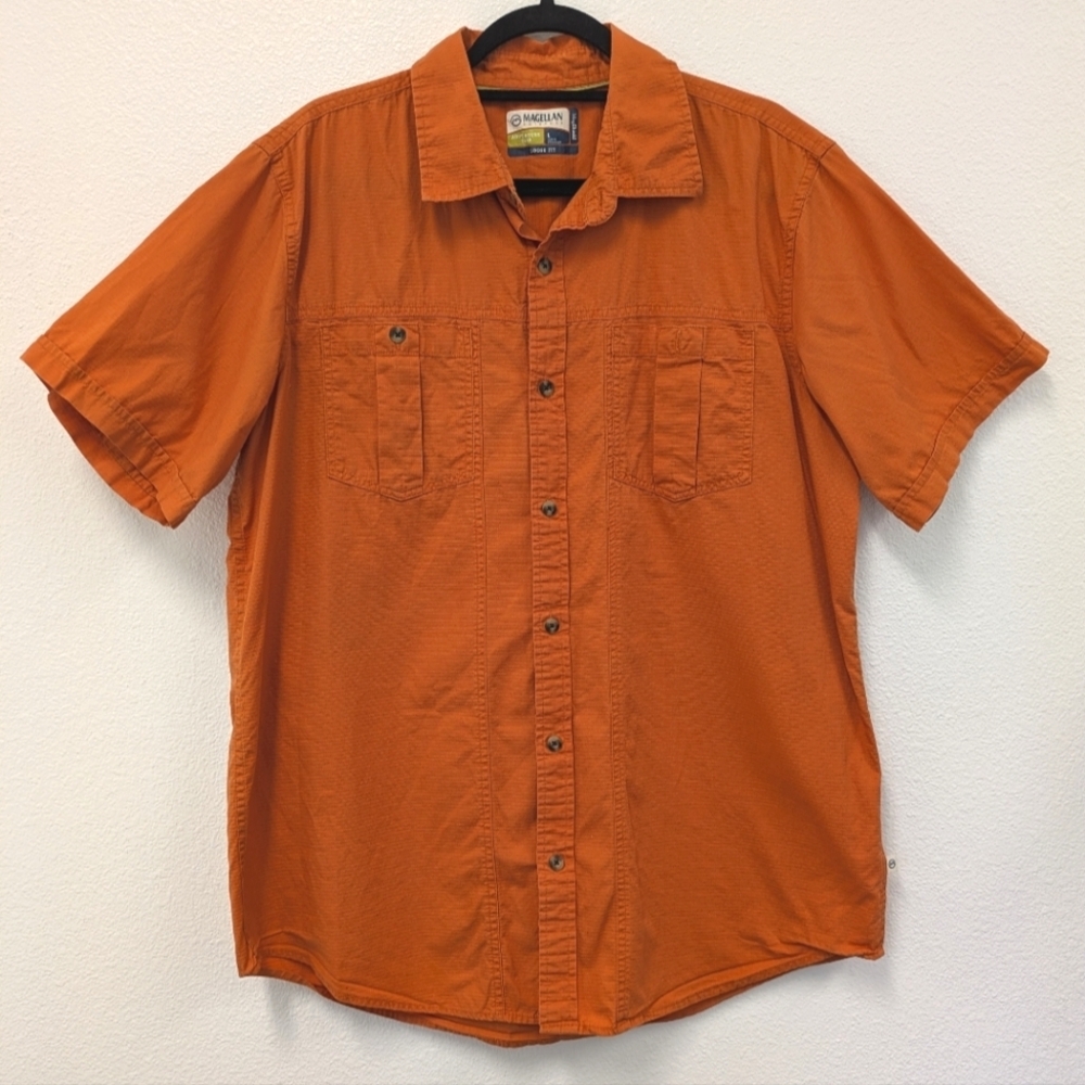 Magellan Men's Loose Fit Orange Short Sleeved Cotton Shirt sz L Outdoor Hiking